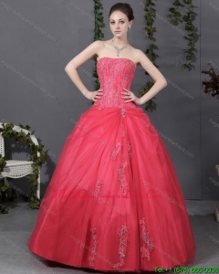 Coral Red Strapless Sweet 16 Dress with Ruching and Appliques