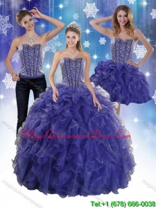 Puffy 2015 Beading and Ruffles Quince Dresses in Royal Bule