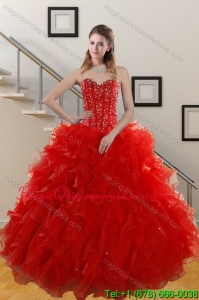 Puffy 2015 Sweetheart Red Quince Gowns with Beading and Ruffles