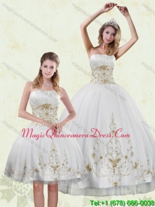Puffy Appliques White and Gold Quinceanera Dress for 2015