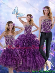 Puffy Purple Strapless Quince Dresses with Appliques and Ruffles for 2015