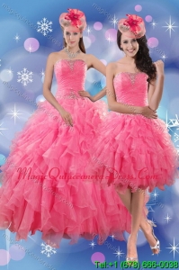 Puffy Rose Pink Quince Dresses with Ruffles and Beading for 2015