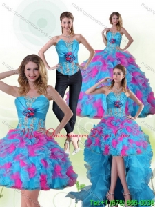 Puffy Strapless Appliques and Ruffles Multi Color Quinceanera Dress