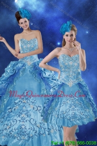 Puffy Teal 2015 Quince Dresses with Embroidery and Pick Ups