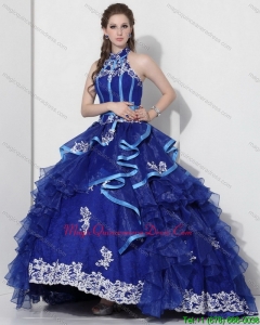 Modern Halter Top Appliques Blue 2015 Quinceanera Dresses with Ruffles and Brush Train