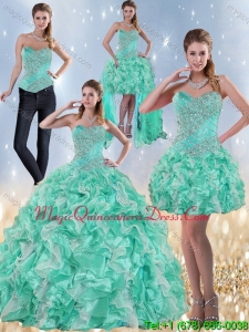 Puffy Sweetheart Quinceanera Dresses in Apple Green with Ruffles and Beading for 2015