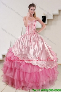Strapless Pink 2015 Modern Quinceanera Dresses with Embroidery and Ruffles