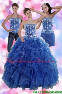2015 Modern Ruffles and Beading Strapless Quince Dresses in Royal Blue