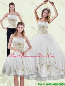 Modern 2015 Strapless Appliques White and Gold Quinceanera Dresses