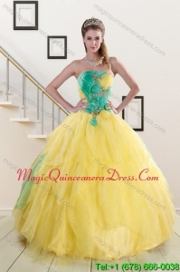 Modern 2015 Strapless Yellow and Green Sweet 15 Dresses with Ruching