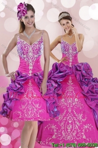Modern Multi Color Sweep Train 2015 Quince Dresses with Pick Ups and Embroidery