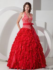 Brand New Halter Embroidered Ruffled Red Sweet 15 Dresses in Style