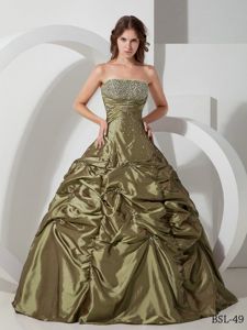Attractive Beaded Strapless Olive Green Quince Dresses with Pick-ups