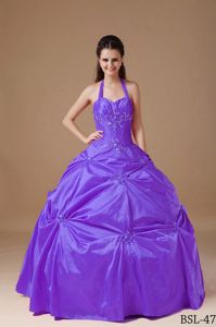 Brand New Halter Purple Ball Gown Dress for Quinceanera with Appliques