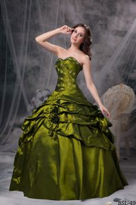 Upscale Taffeta Appliqued Olive Green Quince Dress with Flowers and Pick-ups