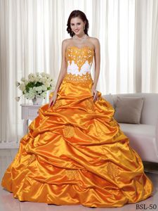 Orange and White Taffeta Quinceanera Dress with Appliques and Pick-ups