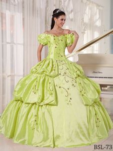 Snow White Off The Shoulder Embroidered Quince Dress in Yellow Green