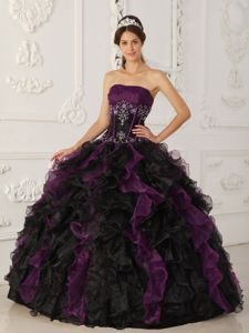 Organza Strapless Purple and Black Quince Dresses with Ruffles and Beads