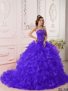 Latest Brush Train Ruffled Purple Quinceanera Gown Dresses with Embroidery