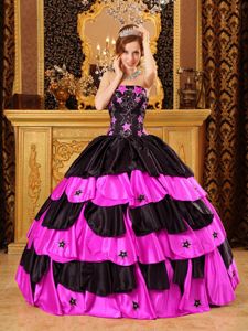 Customized Appliqued Ruffled Sweet 15 Dresses Patterns in Black and Hot Pink