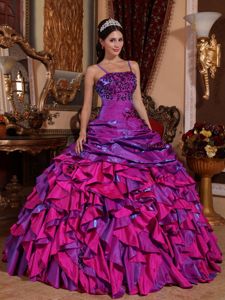 Fuchsia and Purple Spaghetti Straps Dresses for Quinceanera with Embroidery in Euless