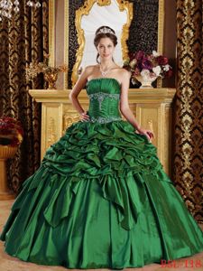 Ruched Green Strapless Floor-length Sweet Sixteen Dresses with Pick-ups in Driftwood