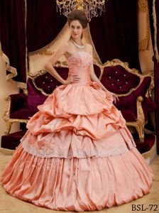 Peach Strapless Floor-length Quinceanera Gown Dresses with Appliques and Pick-ups