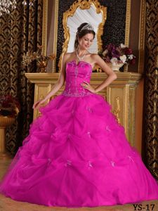 Strapless Floor-length Fuchsia Quinceanera Gown Dress with Appliques and Pick-ups