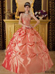 Halter Top Quinceanera Gown in Orange Red with Embroidery and Pick-ups in Bronte