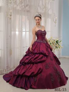Sweetheart Court Train Dress for Quinceanera in Fuchsia with Beading and Appliques
