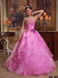 Hot Pink Strapless Floor-length Dresses for Quinceanera with Flower and Beading