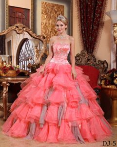 Beaded and Ruffled Watermelon Red Dress for Quinceanera with Lace Up in Frisco