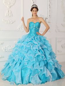 Blue Princess Sweetheart Sweet Sixteen Quinceanera Dress with Ruffles and Beading