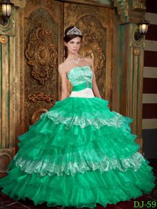 Strapless Princess Green Sweet Sixteen Quinceanera Dresses with Ruffles in Herald
