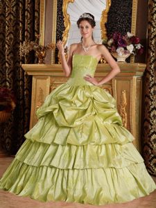 Oliver Green Strapless Floor-length Taffeta Quince Dress with Beading and Pick-ups