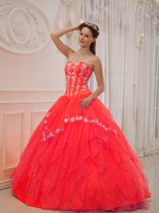 Red Sweetheart Floor-length Sweet Sixteen Dress with Appliques and Lace Up Back