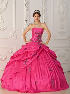 Coral Red Strapless Floor-length Quinceanera Gown Dress with Appliques in Galt