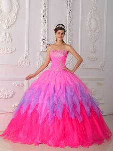 Ruffled Sweet Sixteen Quinceanera Dresses in Hot Pink with Beading in Castroville