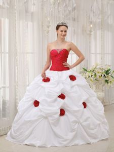 Strapless Floor-length Sweet Sixteen Dress in Red and White with Pic-ups and Flower