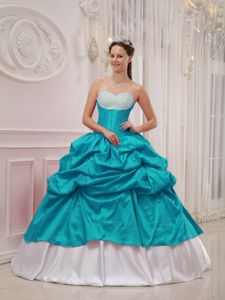 Teal and White Sweetheart Princess Dress for Quinceanera with Beading and Pick-ups