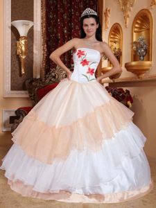 Light Pink and White Strapless Floor-length Sweet Sixteen Dresses with Embroidery