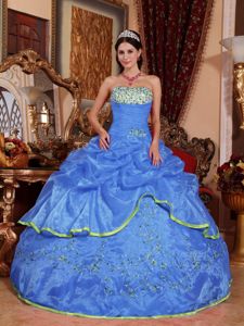 Strapless Floor-length Organza Quinceanera Dress in Blue with Appliques in Avalon
