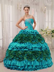 Strapless Floor-length Taffeta Quinceanera Gowns in Teal with Ruffles in Barstow
