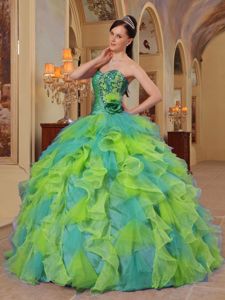 Cheap Yellow and Green Sweetheart Sweet Sixteen Quinceanera Dress with Ruffles