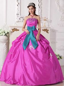 Hot Pink Strapless Floor-length Dresses for Quinceanera with Beading and Bowknot