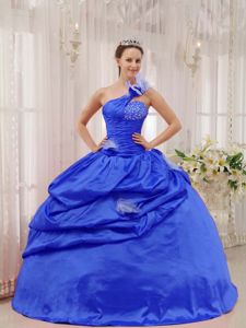 Blue One Shoulder Floor-length Quinceanera Gown Dress with Beading and Flower