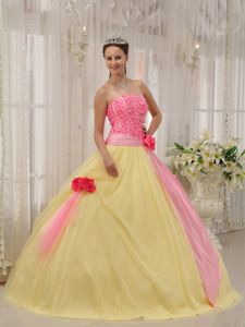 Strapless Taffeta and Tulle Hand Flowery Quinceanera Dress in Pink and Yellow