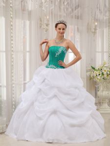 White and Turquoise Strapless Quinceanera Dress with Appliques in Nashville