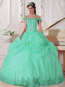 Off the Shoulder Appliqued Hand Flowery Quinceanera Dress in Apple Green