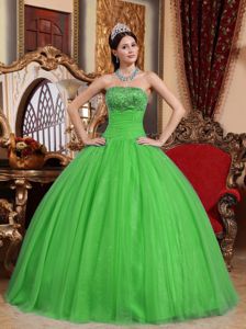 Green Strapless Tulle Beaded Dress for Quince with Embroidery in Reading